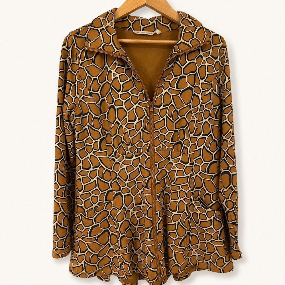 Soft Surroundings Women Small Zip Up Jacket Giraffe Animal Print Pleated Back